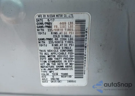 2017 Nissan Rogue Sl z USA, uszkodzony, nr VIN JN8AT2MT1HW400125